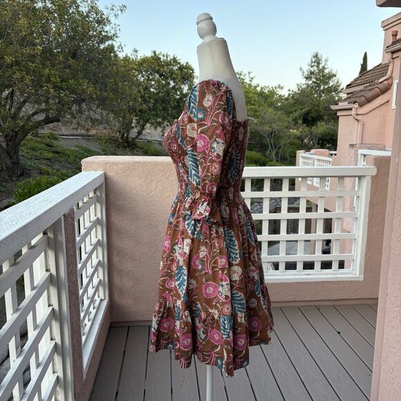 PERRY WALKER Grace Floral Print Smocked Dress O/S Brown Green Pink Smocked Boho - Picture 15 of 15